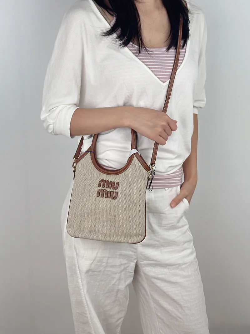 Miumiu Shoulder Bag IVY Tote Shopping Tote Beige Brown Canvas Mini 20*24 — on-model view 2 of 3