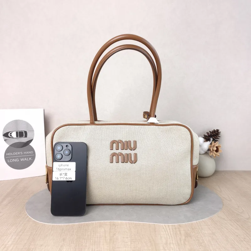 Miumiu Top Handle Bag Beau Brown Canvas · Calfskin Large 34 × 10 × 20 cm — cover view 4 of 5