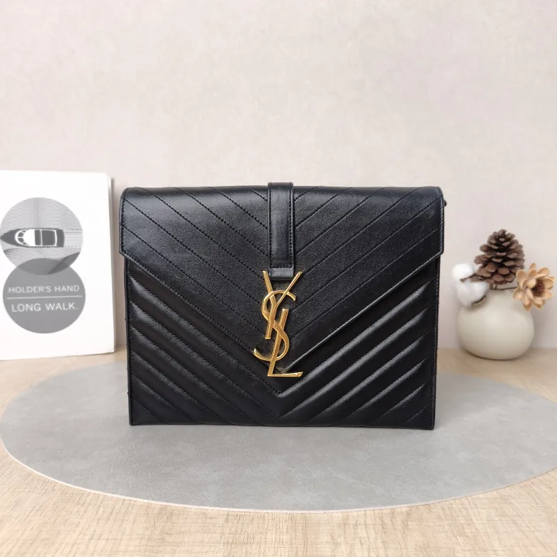 SAINT LAURENT Crossbody Bag ENVELOPE Black Calfskin Medium24 × 3 × 19 cm