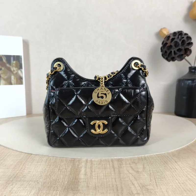 Chanel Crossbody Bag HOBO Black Waxed Leather Calfskin Small 19 × 6 × 17 cm