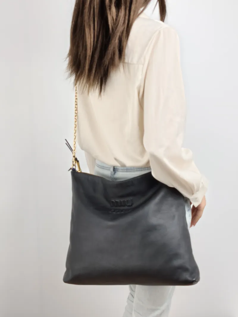 Miumiu Crossbody Bag Hobo Shoulder Crossbody Bag Black Calfskin One Size 38 × 6 × 34 cm — on-model view 1 of 2