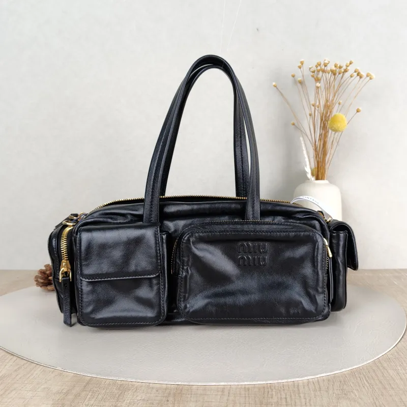 Miumiu Top Handle Bag Pocket Top Handle Bag Black Lambskin 32 × 12 × 13 cm