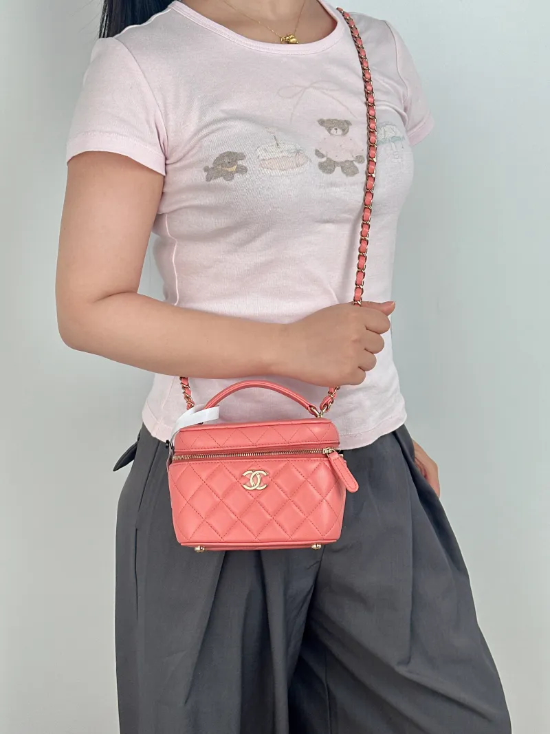 Chanel Crossbody Bag Box Cosmetic Bag Pink Calfskin One Size 15 × 12 × 12 cm — on-model view 1 of 2
