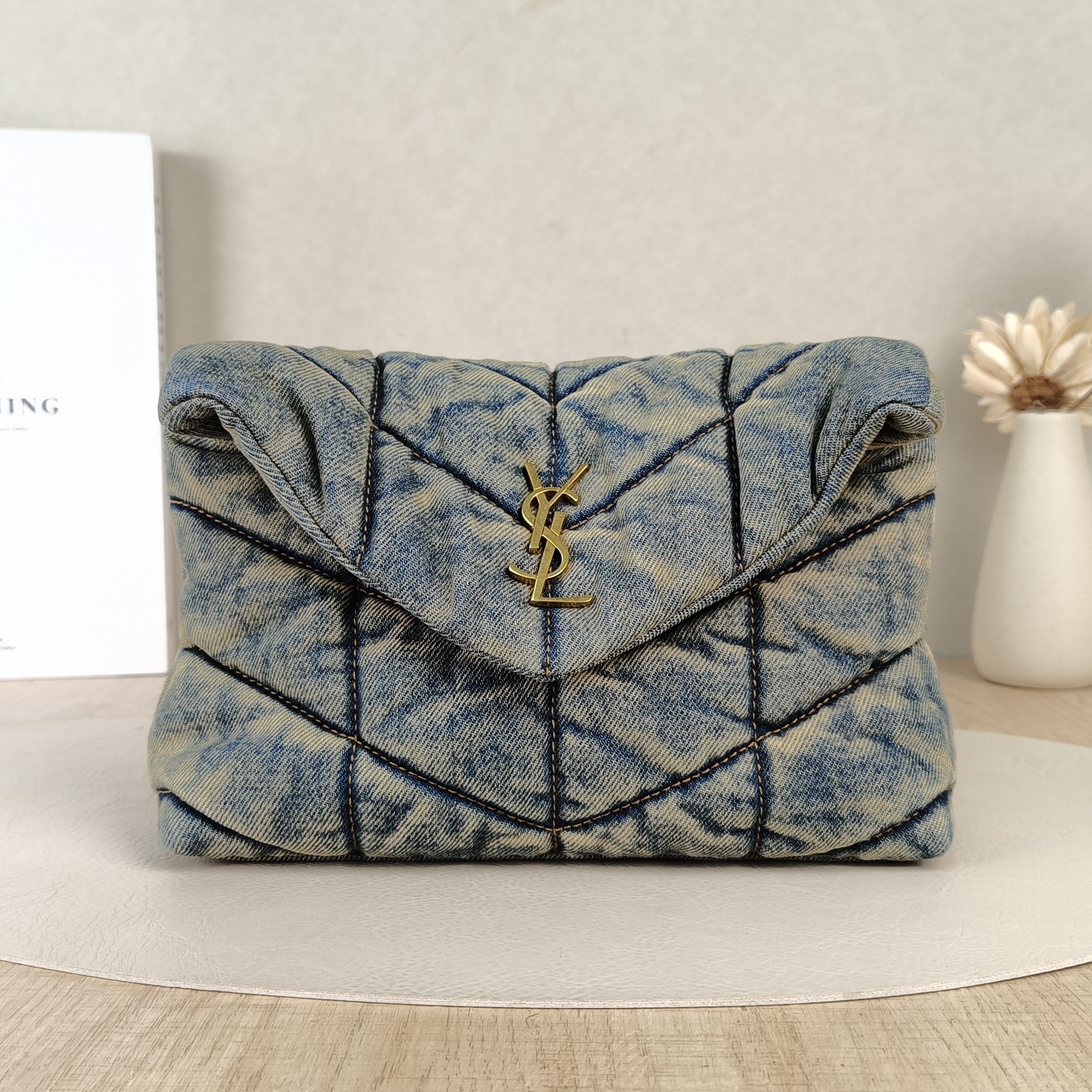 SAINT LAURENT Crossbody Bag LOULOU PUFFER Blue mini23 × 8.5 × 15.5 cm
