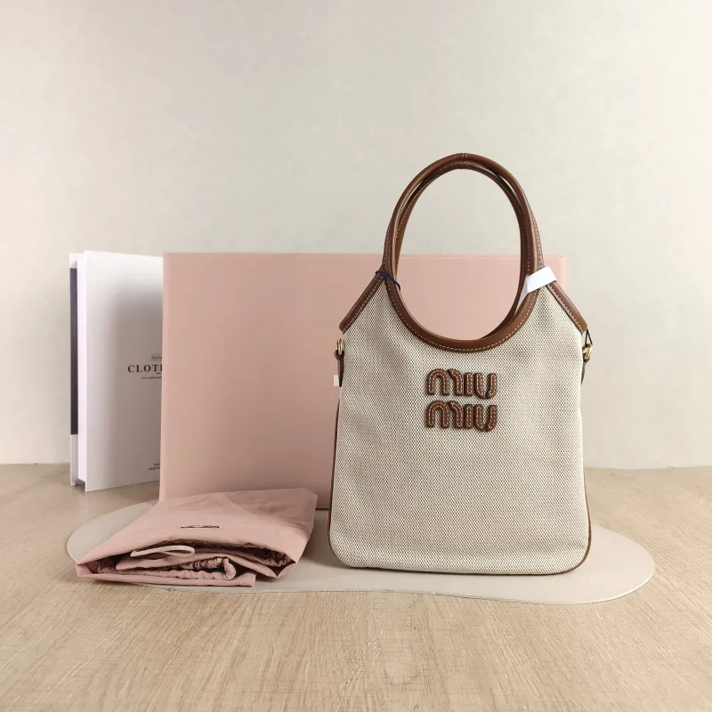 Miumiu Shoulder Bag IVY Tote Shopping Tote Beige Brown Canvas Mini 20*24 — cover view 5 of 6
