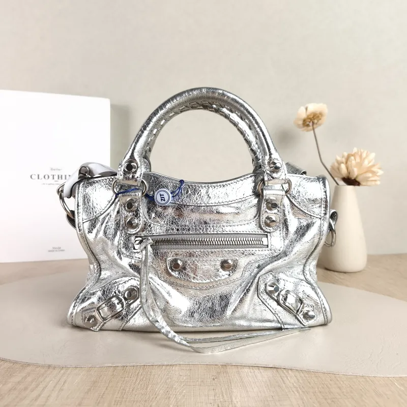 BALENCIAGA Crossbody Bag Classic City Silver Lambskin Mini 24 × 10 × 16 cm
