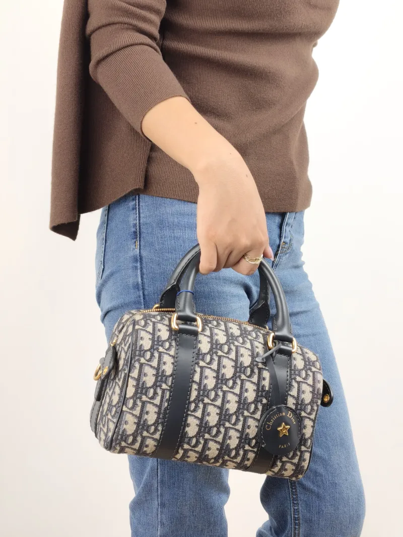 DIOR Crossbody Bag Groove 20 Top Handle Bag Blue Canvas Small 20.5 × 12 × 13.5 cm — on-model view 1 of 3