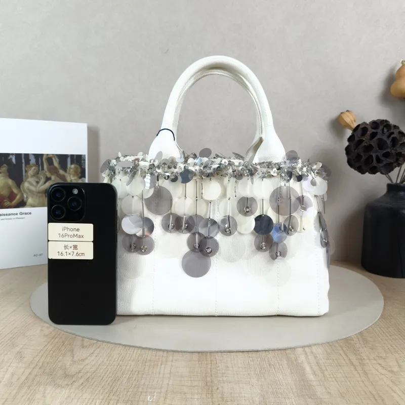 PRADA Top Handle Bag Canape White Canvas 28 × 15 × 18 cm — cover view 3 of 6
