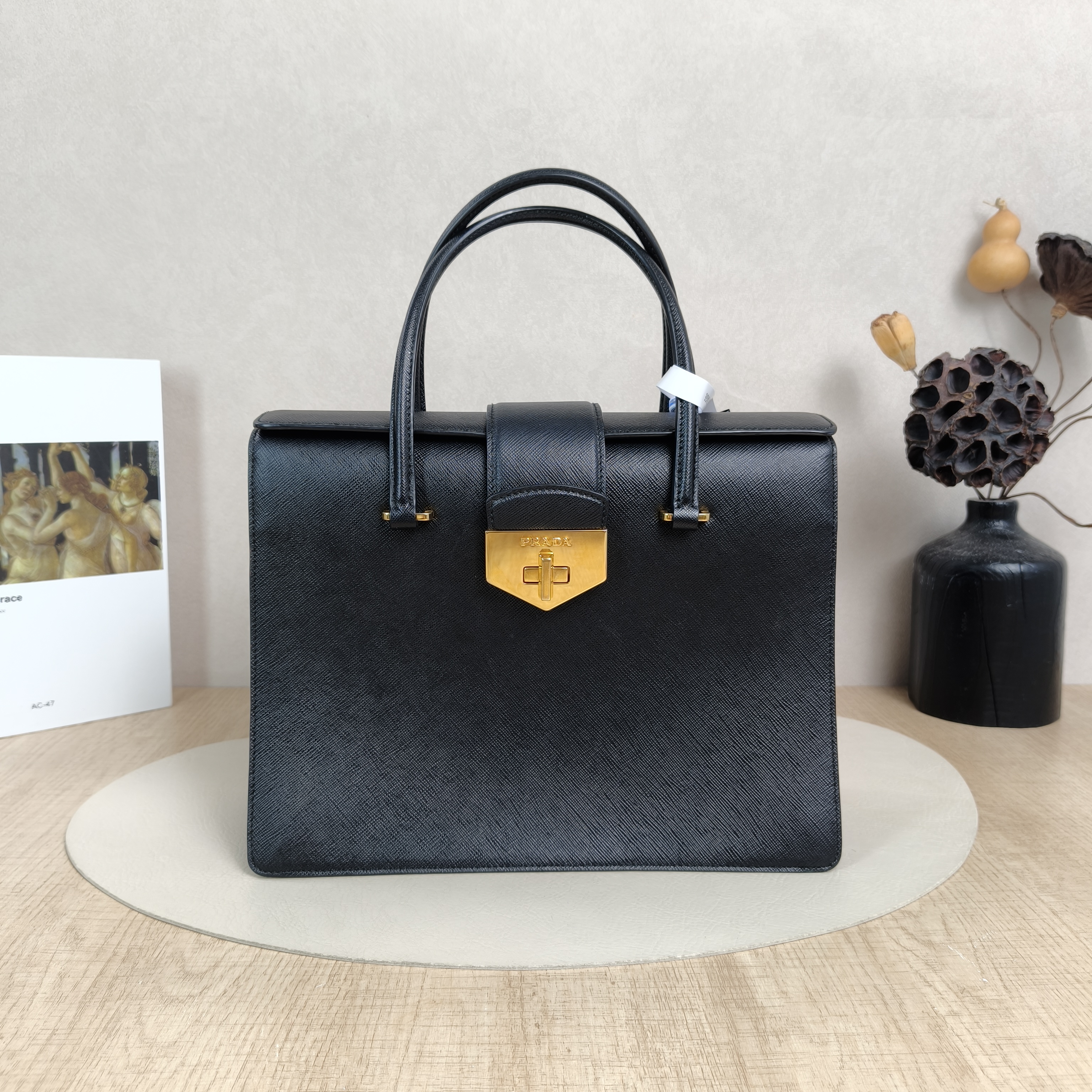 PRADA Top Handle Bag Tote Bag Black Calfskin One Size28 × 9.5 × 22 cm