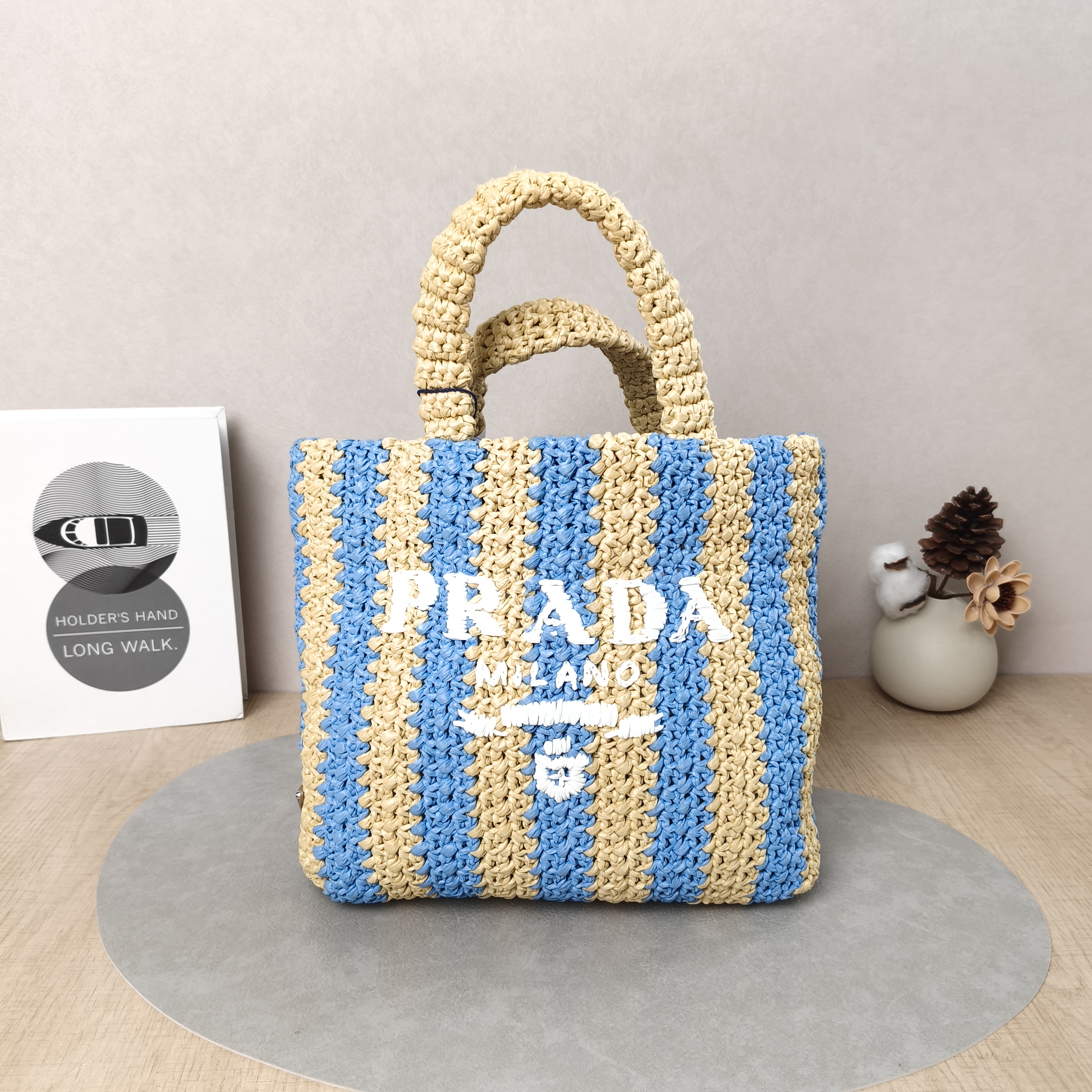 PRADA Top Handle Bag Tote Bag Blue Woven One Size30 × 7 × 22 cm