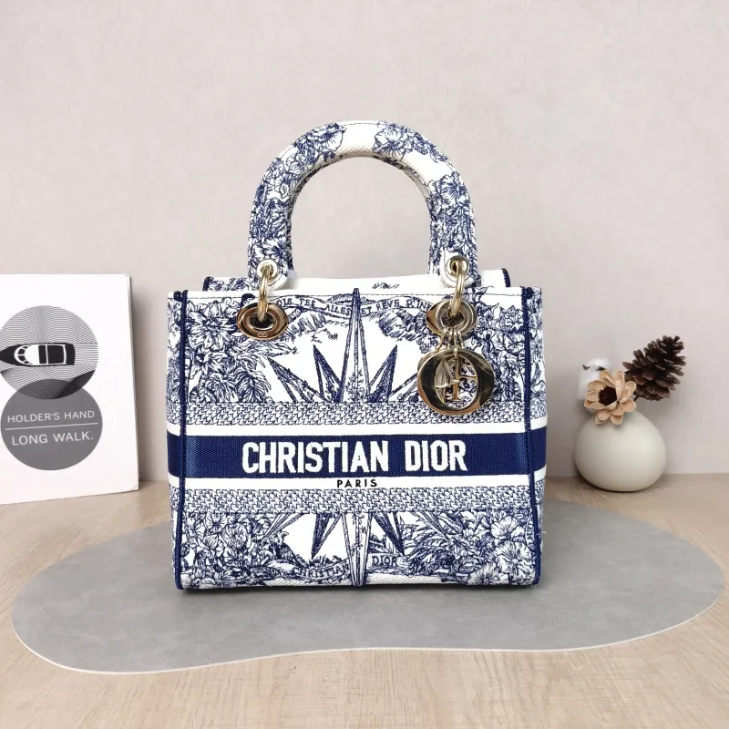 DIOR Top Handle Bag Lady Lady Dior Bag Blue Canvas Medium 24 × 12 × 21 cm