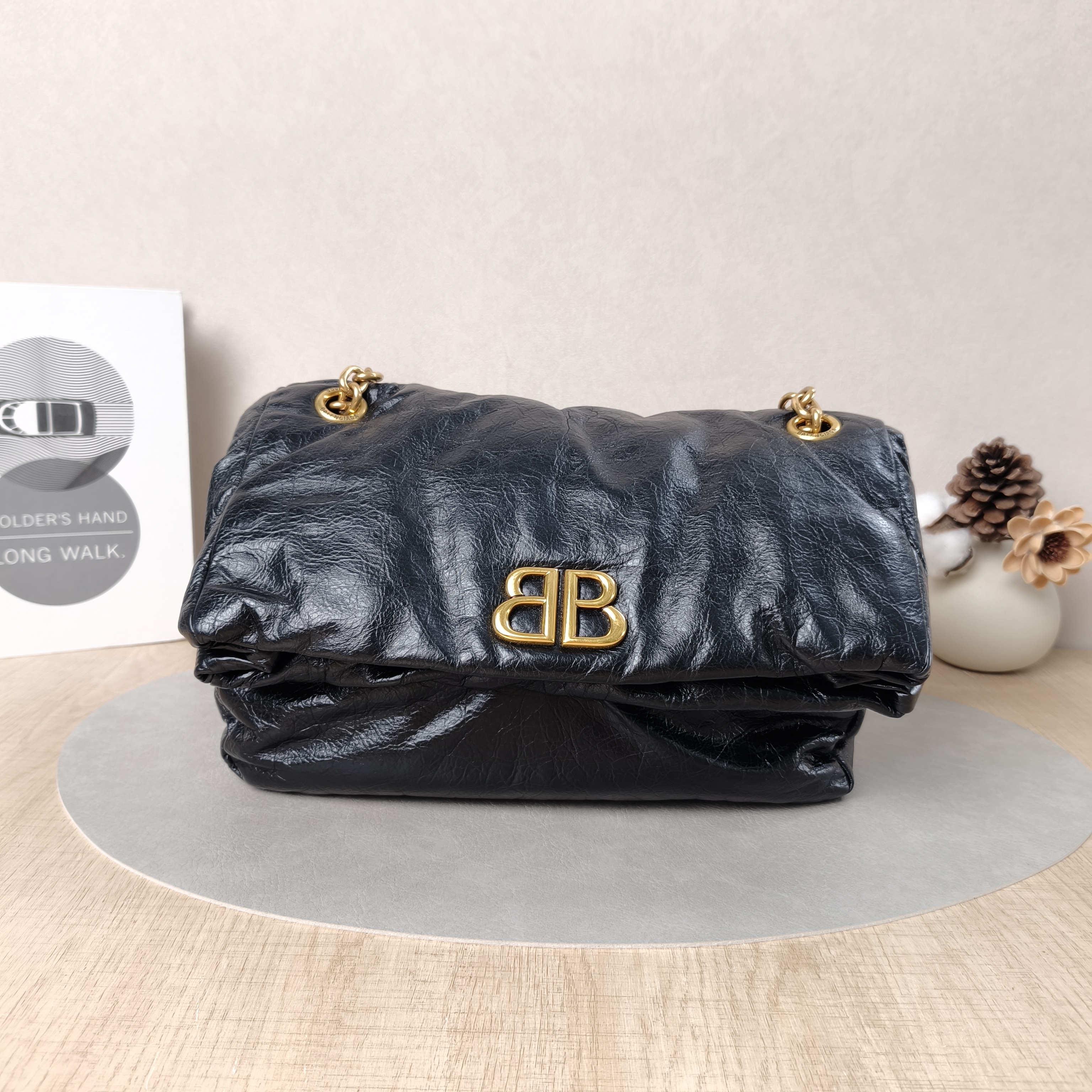 BALENCIAGA Shoulder Bag MONACO Chain Bag Black Calfskin Small28 × 10 × 18 cm