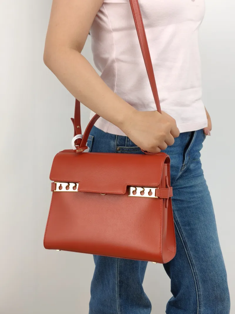 DELVAUX Crossbody Bag Tempete Top Handle Bag Red Calfskin Medium 27.5 × 9 × 23 cm — on-model view 2 of 3