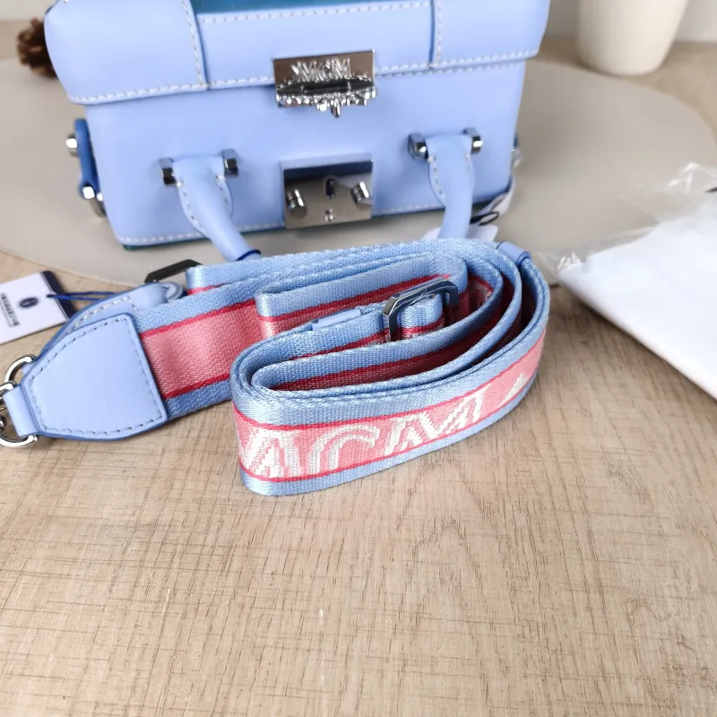 MCM Crossbody Bag Soft Berlin Visetos Box Top Handle Crossbody Bag Blue PVC Pink Canvas 19 × 8 × 14 cm — detail view 12 of 13