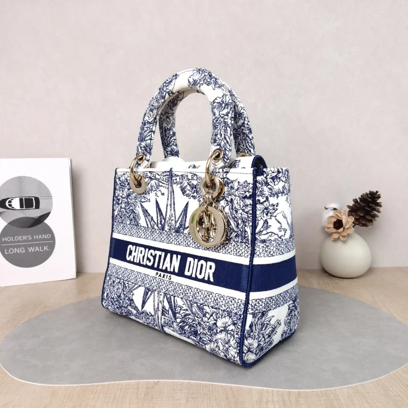 DIOR Top Handle Bag Lady Lady Dior Bag Blue Canvas Medium 24 × 12 × 21 cm — cover view 3 of 5