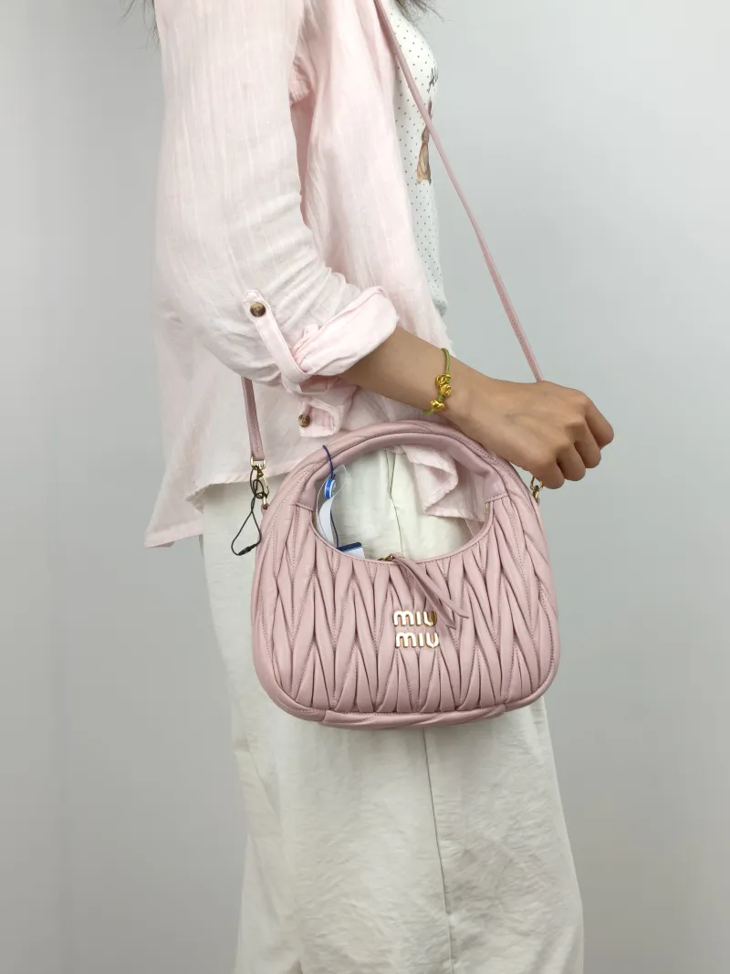 Miumiu Shoulder Bag Wander Matelassé Hobo Pink Lambskin Small 20 × 6 × 17 cm — on-model view 2 of 3