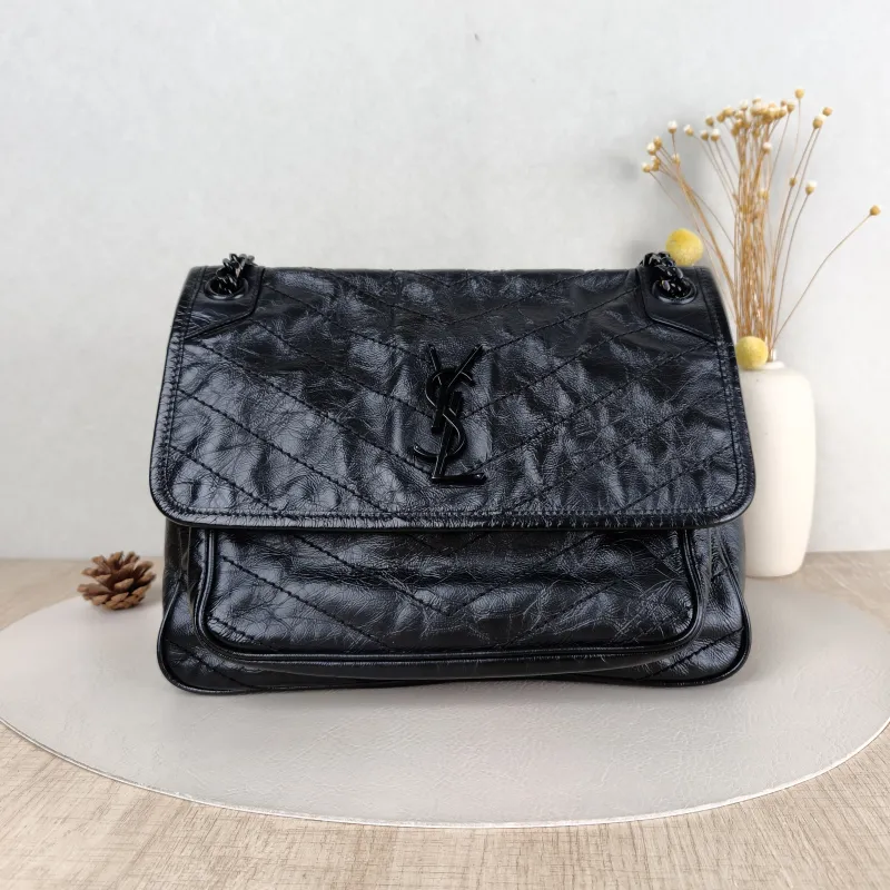 SAINT LAURENT Crossbody Bag Niki Black Waxed Leather Calfskin Medium 28 × 8.5 × 20 cm