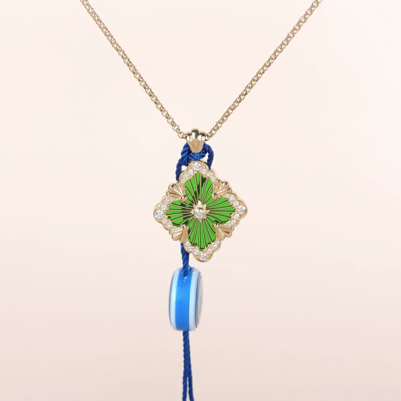 BUCCELLATI Necklace Opera Tulle Enamel Pendant Necklace Green 18KY ellow Gold Diamond Large 43cm