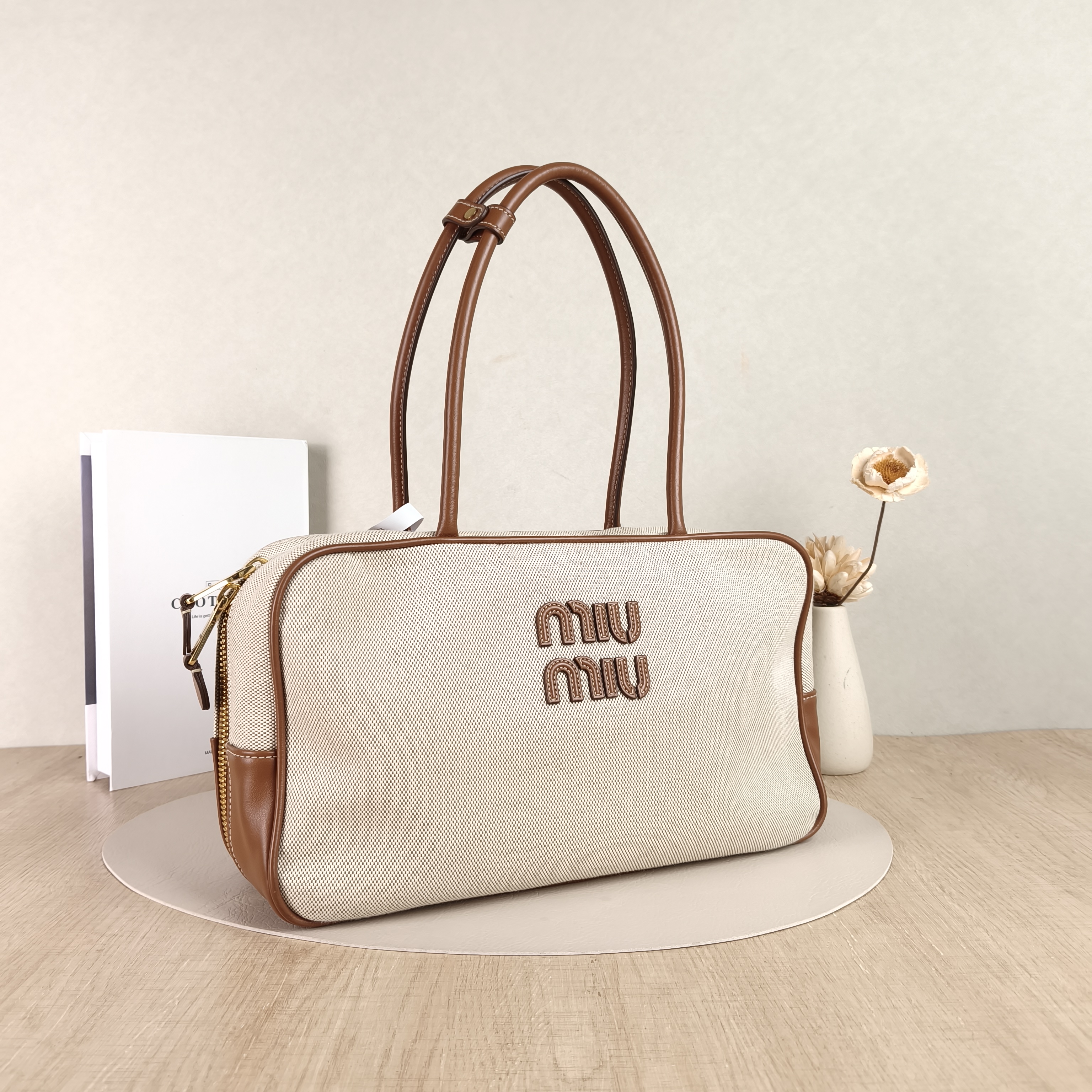 Miumiu Top Handle Bag Beau Brown Canvas · Calfskin Large34 × 10 × 20 cm — cover view 2 of 5