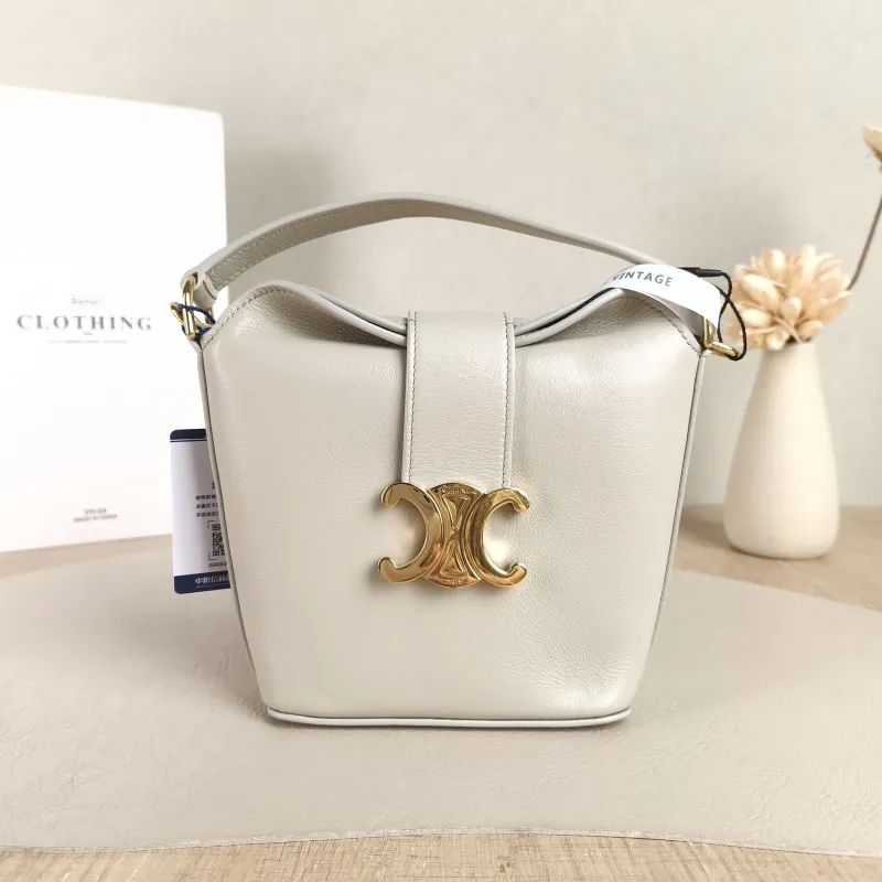 CELINE Crossbody Bag Louise Bucket Bag White Calfskin Mini 13.5 × 10 × 16 cm