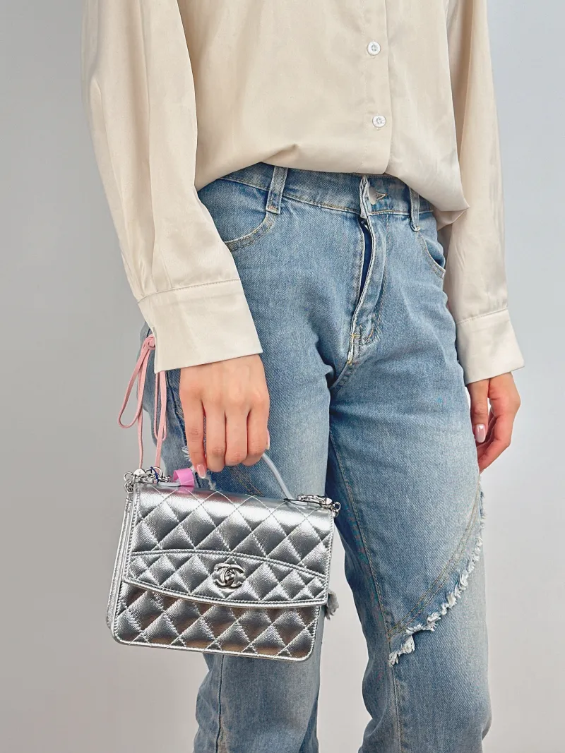 Chanel Backpack Backpack Silver Grained Calfskin One Size 18.2 × 5 × 14 cm — on-model view 3 of 3