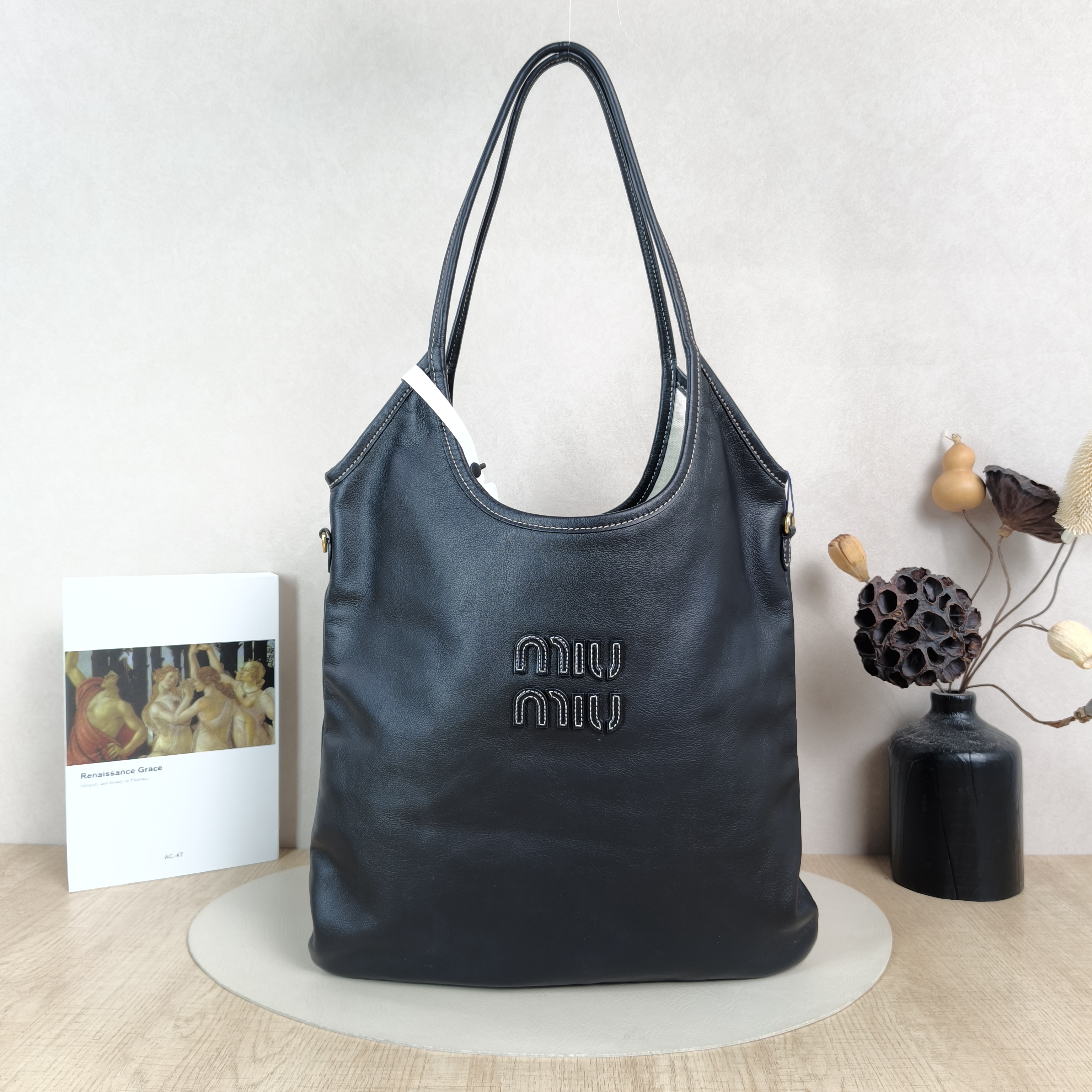 Miumiu Shoulder Bag IVY Tote Shopping Tote Black CC alfskin Medium35*40