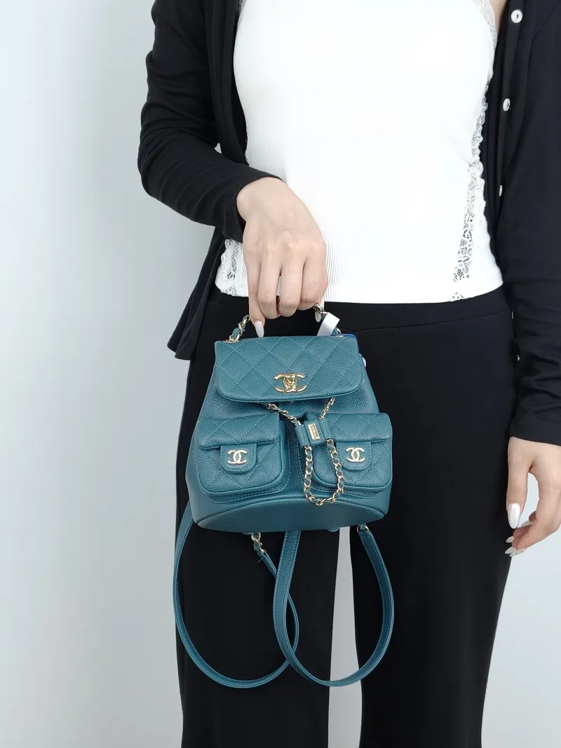 Chanel Backpack Duma Green Grained Calfskin Small16.5 × 10 × 17.5 cm — on-model view 3 of 4