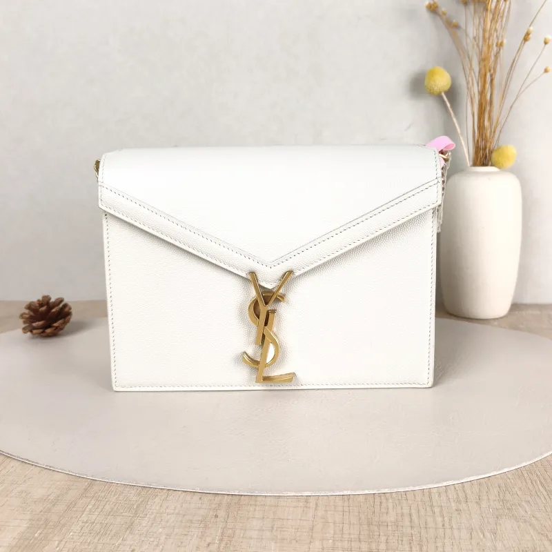 SAINT LAURENT Crossbody Bag Cassandra White Grained Calfskin Medium 22 × 5.5 × 16.5 cm