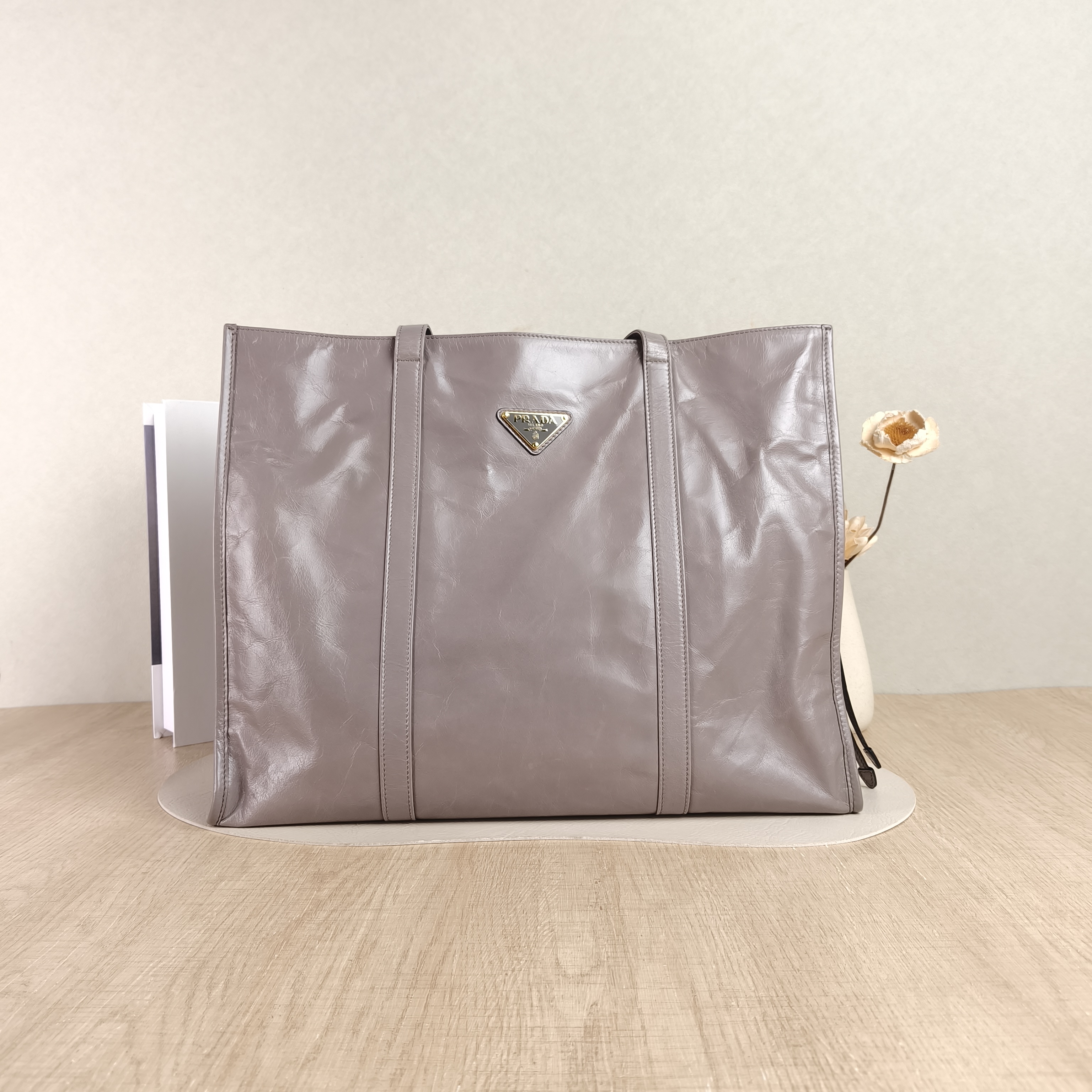 PRADA Top Handle Bag Tote Bag Grey Waxed Leather One Size39 × 10 × 30 cm