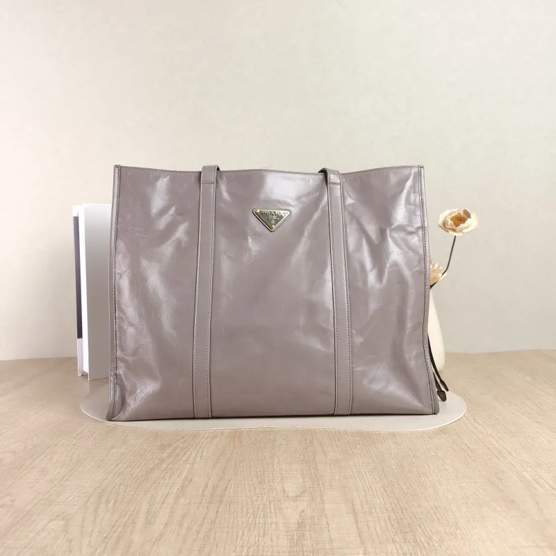 PRADA Top Handle Bag Tote Bag Grey Waxed Leather One Size39 × 10 × 30 cm