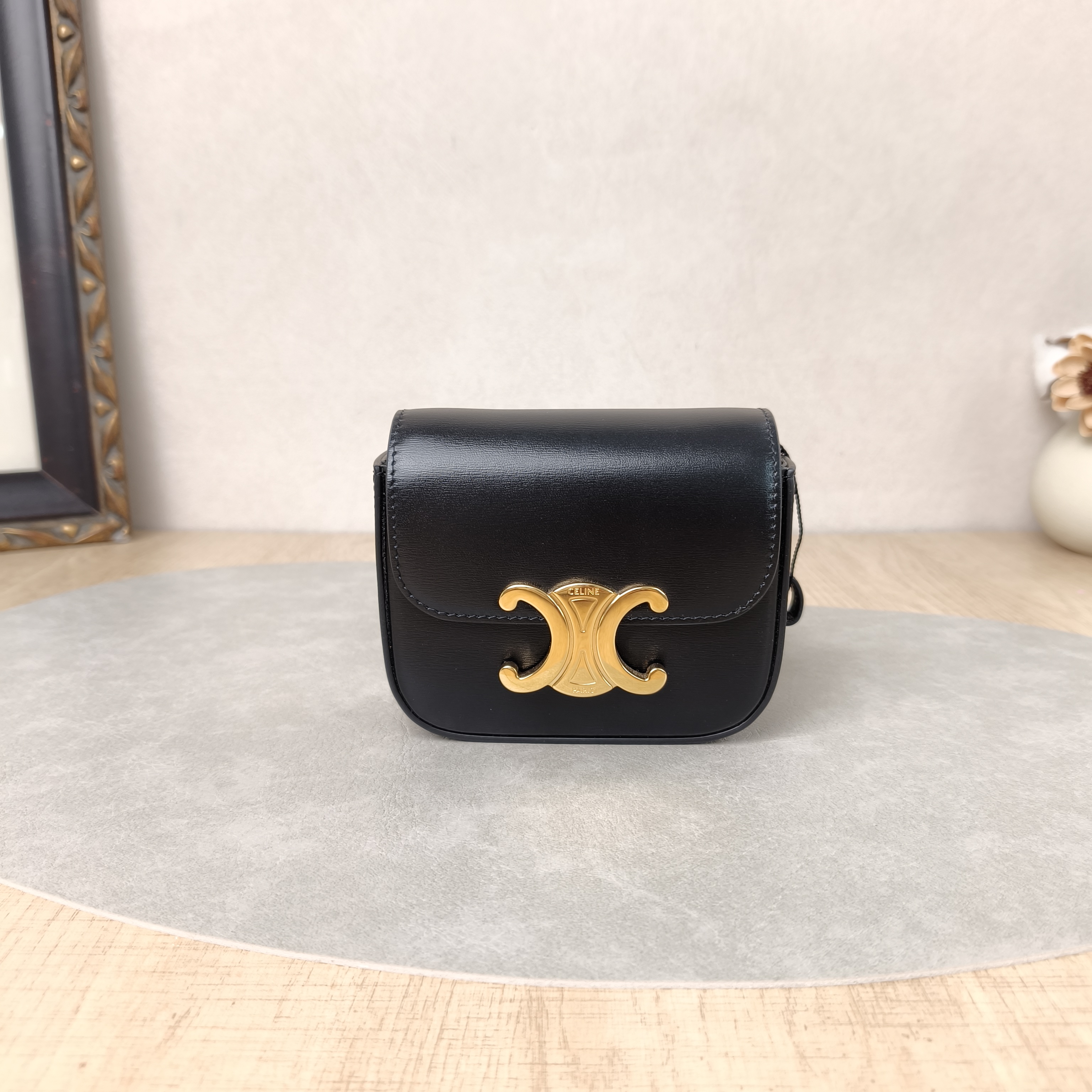 CELINE Crossbody Bag Triomphe Black CC alfskinmini12 × 4.5 × 10 cm