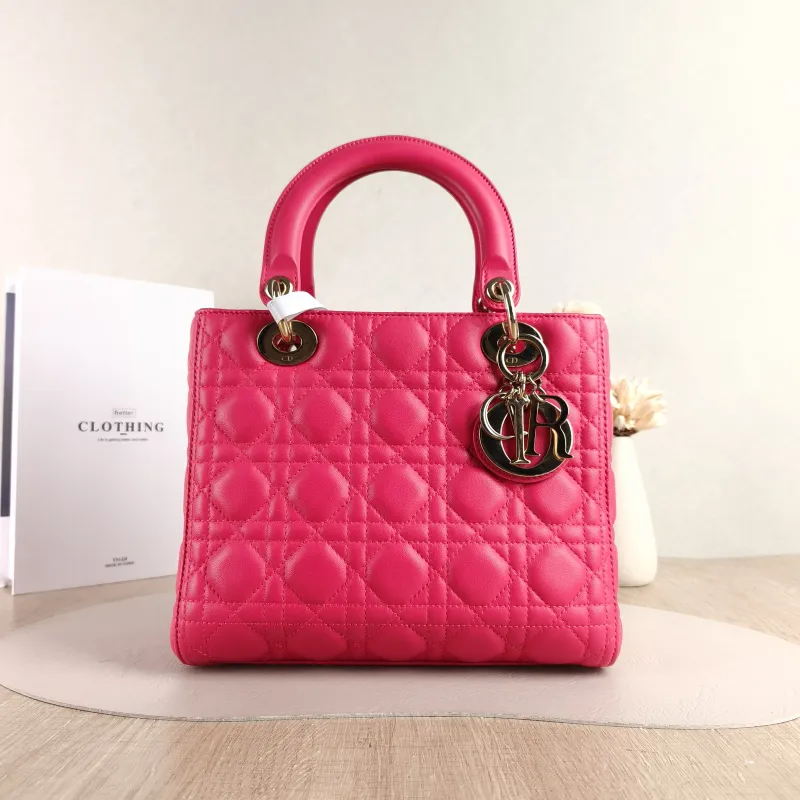 DIOR Top Handle Bag Lady Lady Dior Bag Red Lambskin Medium 24 × 12 × 21 cm