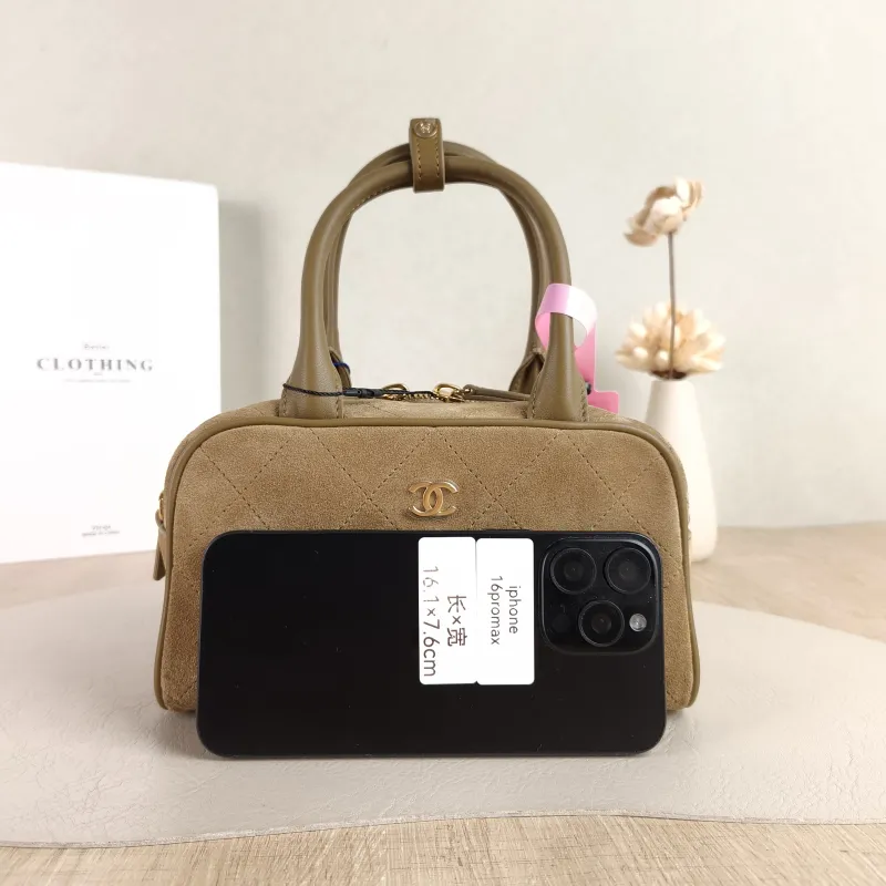 Chanel Crossbody Bag Bowling Bag Taupe Suede One Size 20 × 9 × 12 cm — cover view 3 of 5