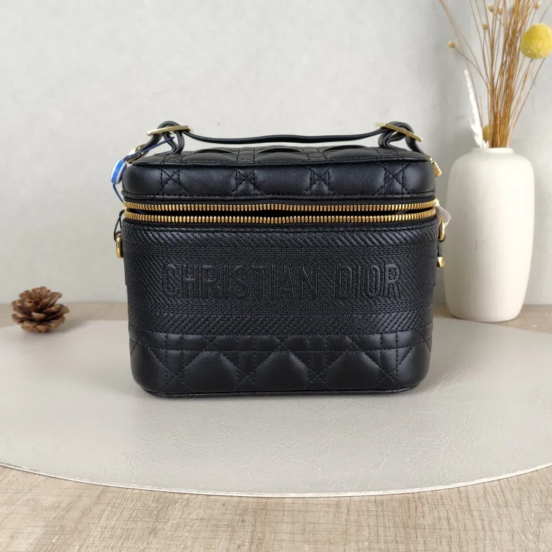DIOR Top Handle Bag Travel Vanity Cosmetic Bag Black Lambskin18.5 × 10.5 × 13.5 cm