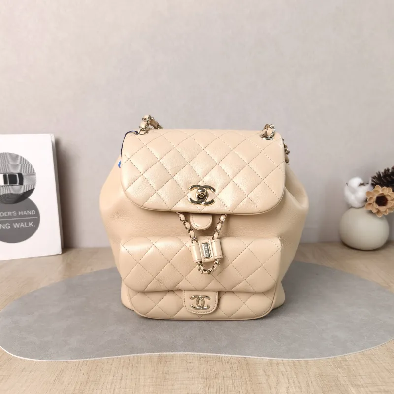 Chanel Backpack Duma Beige Calfskin Large 21 × 13 × 23 cm