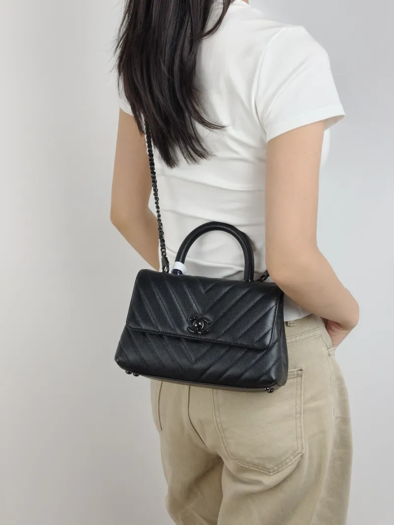Chanel Top Handle Bag Coco Handle​ v Black Grained Calfskin Small 24 × 10 × 14 cm — on-model view 3 of 3