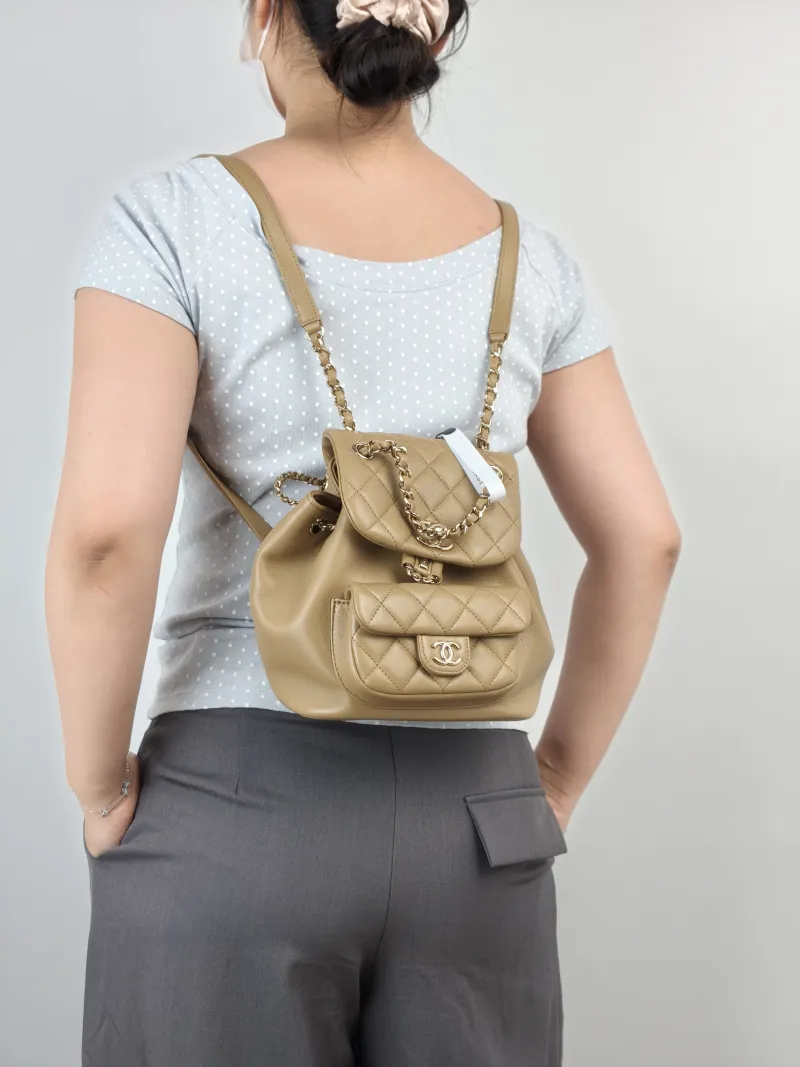 Chanel Backpack Duma Taupe Calfskin Small18 × 12 × 18.5 cm — on-model view 2 of 2
