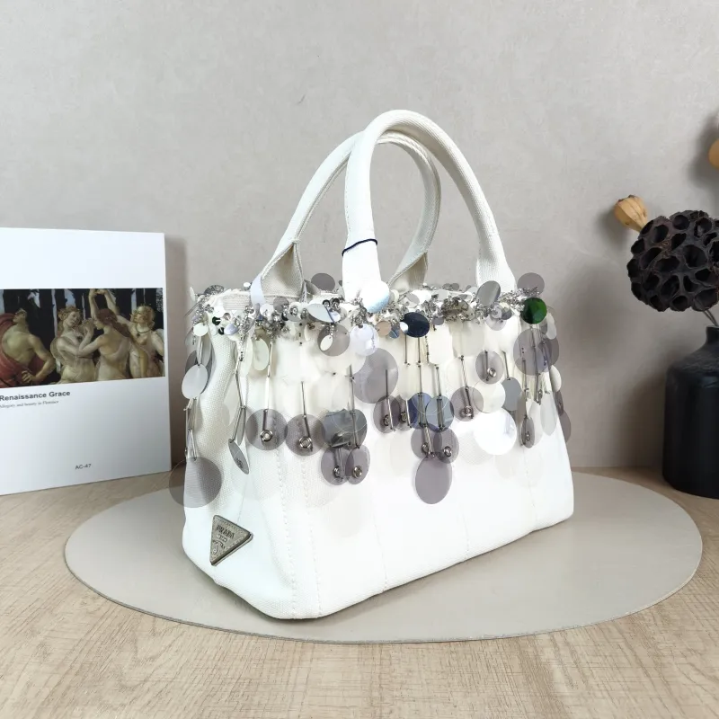 PRADA Top Handle Bag Canape White Canvas 28 × 15 × 18 cm — cover view 4 of 6
