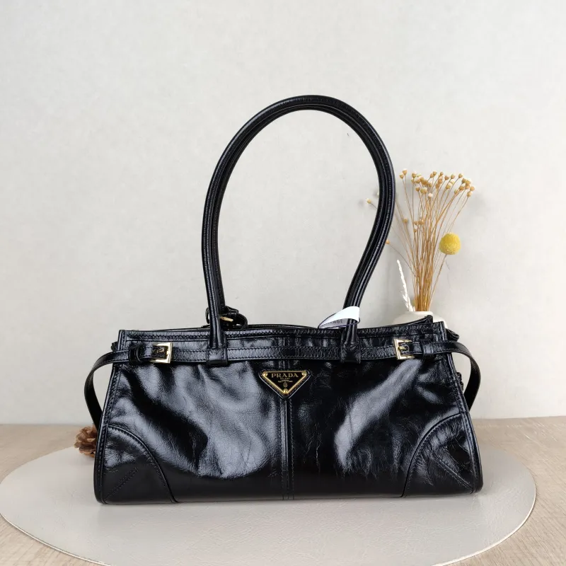 PRADA Shoulder Bag Bonnie Soft Lux Black Waxed Leather Medium32 × 12 × 15.5 cm
