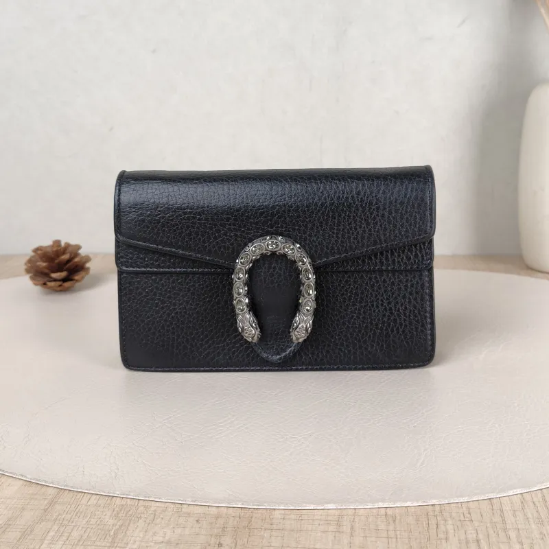 GUCCI Crossbody Bag Dionysus Black Calfskin Mini 16.5 × 4.5 × 10 cm