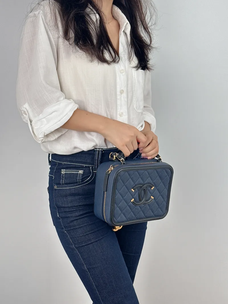 Chanel Crossbody Bag CC Filigree Vanity Cosmetic Bag Blue Black Grained Calfskin Medium 21 × 8 × 16 cm 22 — on-model view 2 of 2
