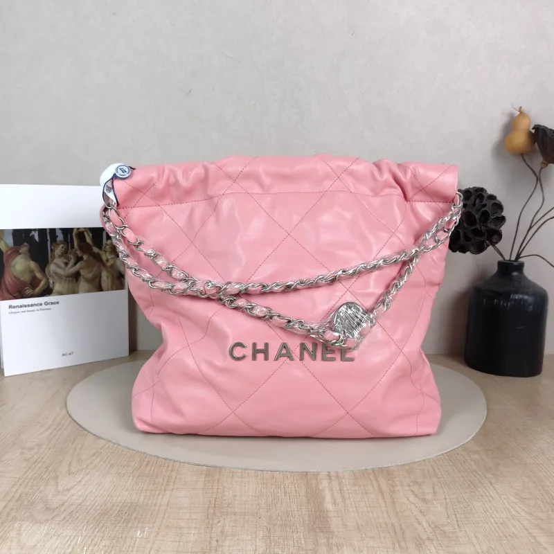 Chanel Shoulder Bag 22Bag Pink Silver-Tone Hardware Calfskin Small 35 × 7 × 37 cm