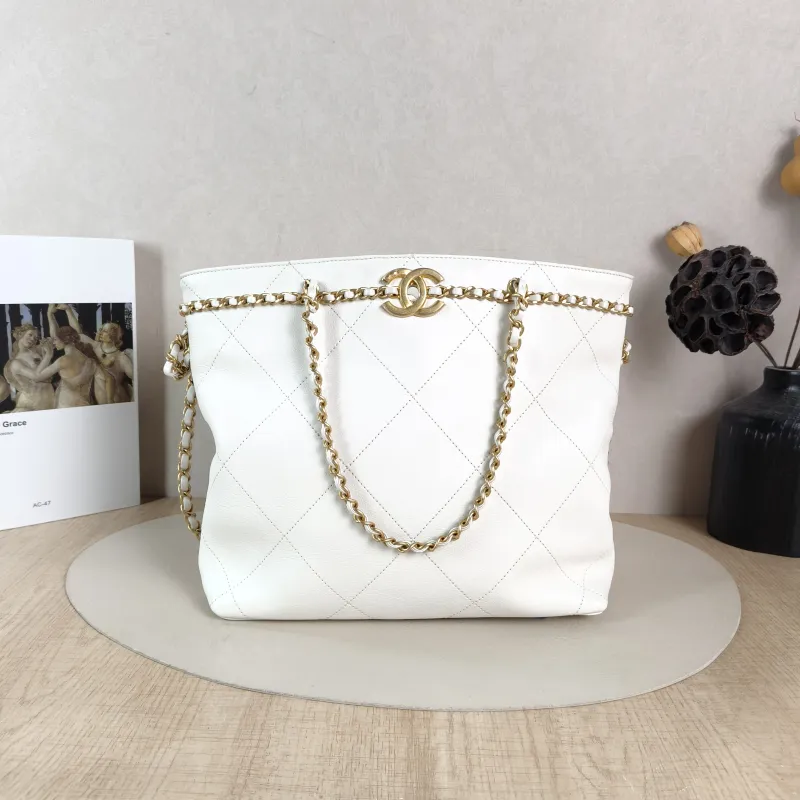 Chanel Shoulder Bag Tote Bag White Gold Calfskin One Size 25 × 7 × 24 cm 31