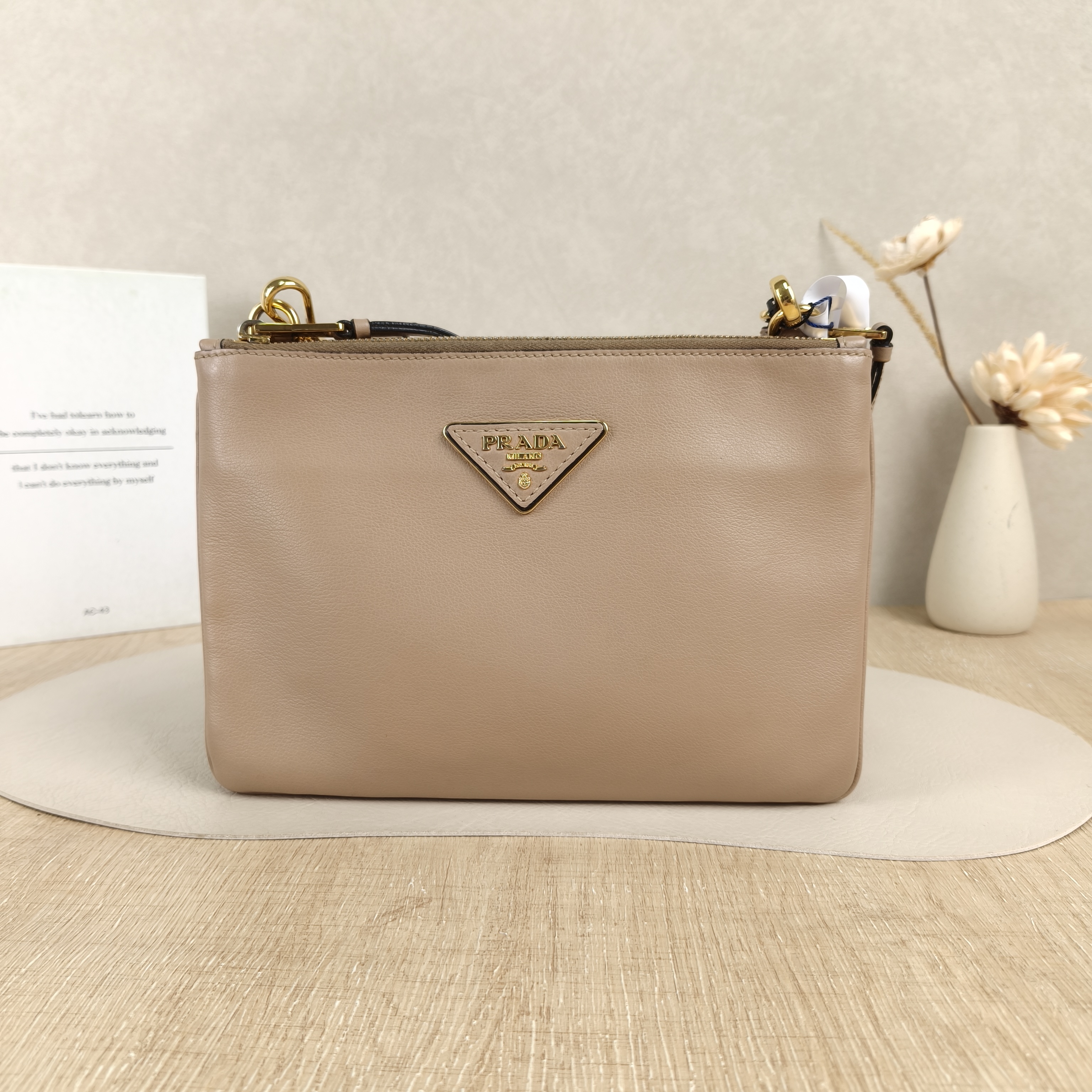 PRADA Shoulder Bag Pink Calfskin · Shoulder Strap Leather Tag Key Ring · 24 × 2 × 17 cm