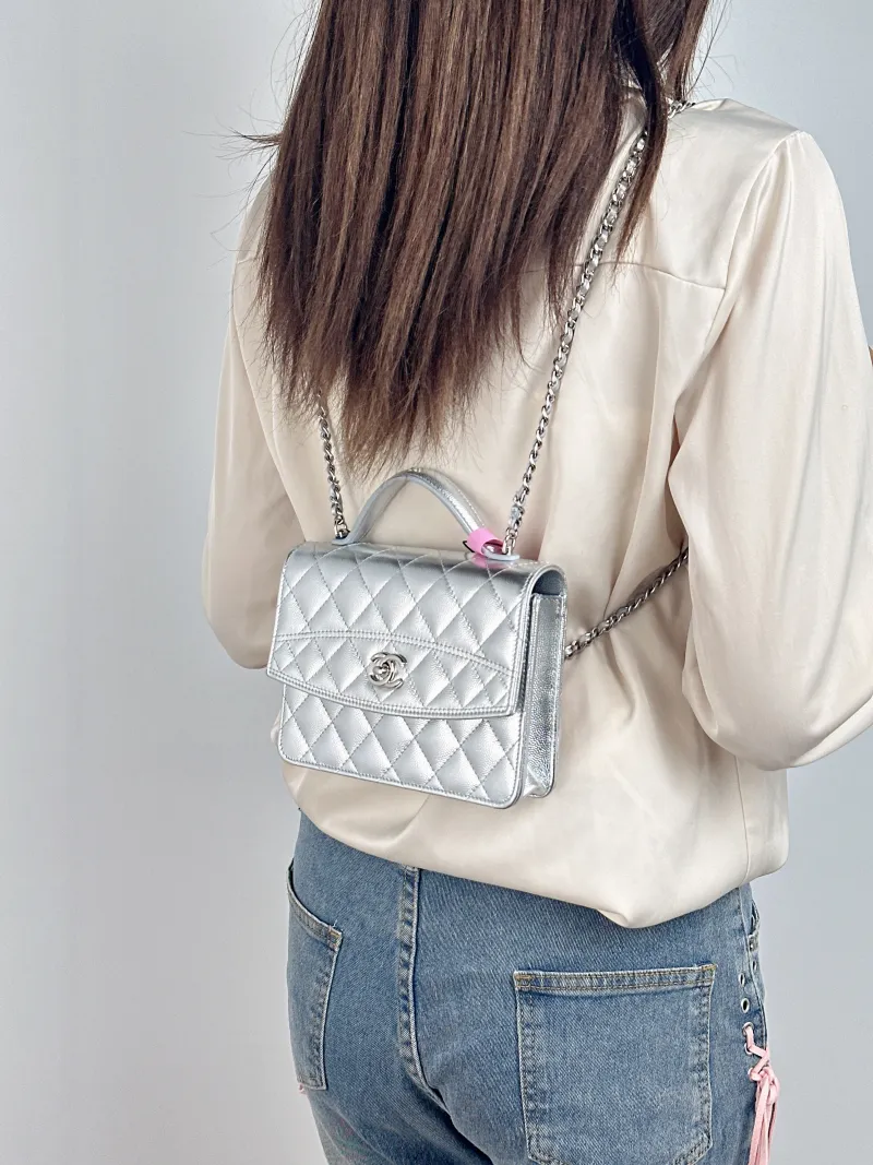 Chanel Backpack Backpack Silver Grained Calfskin One Size 18.2 × 5 × 14 cm — on-model view 2 of 3