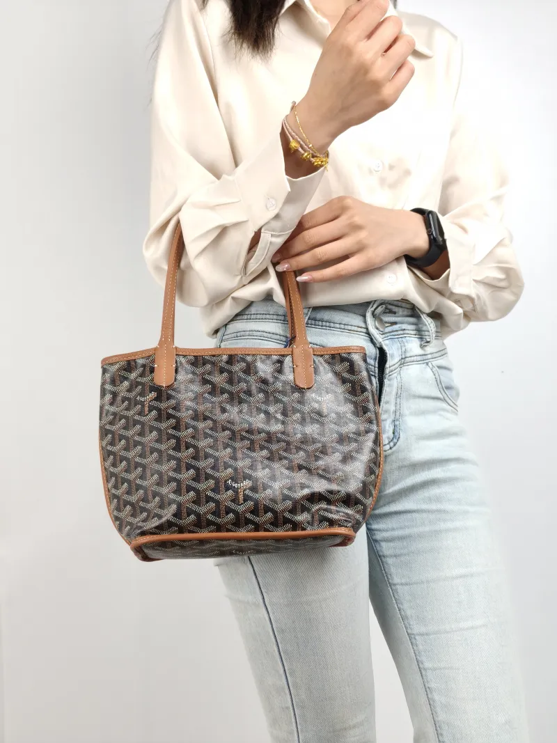GOYARD Top Handle Bag ANJOU Shopping Tote Brown Calfskin Mini 19.5 × 9 × 19.5 cm — on-model view 1 of 2