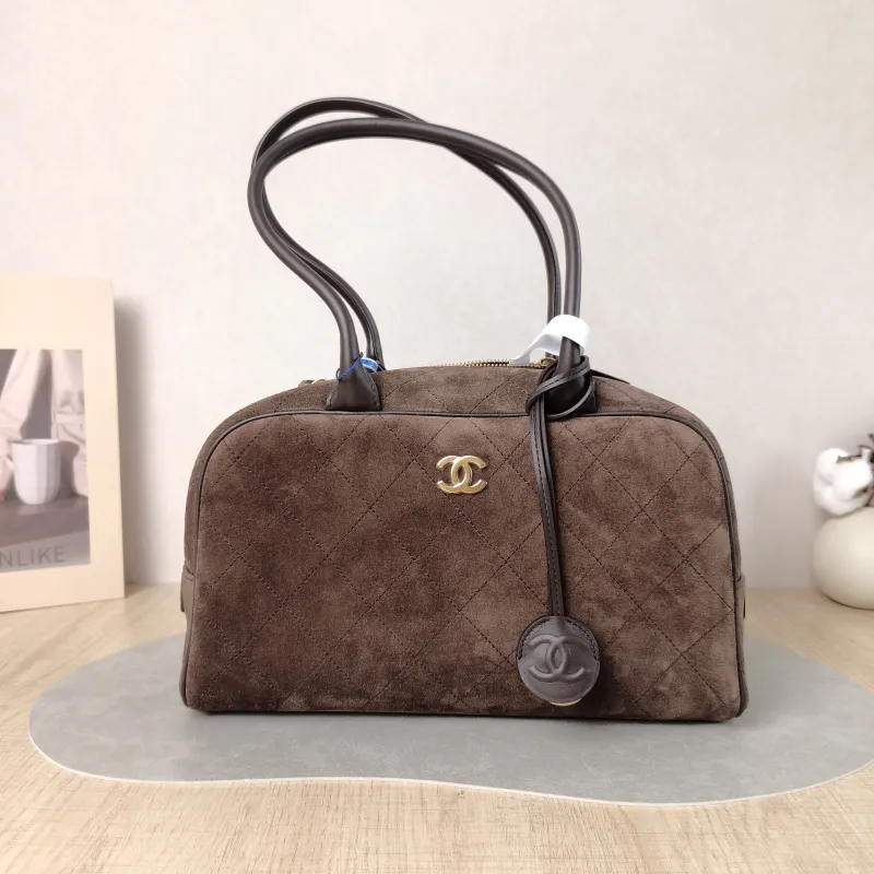 Chanel Shoulder Bag Bowling Bag Brown Suede Medium 30 × 9 × 17 cm