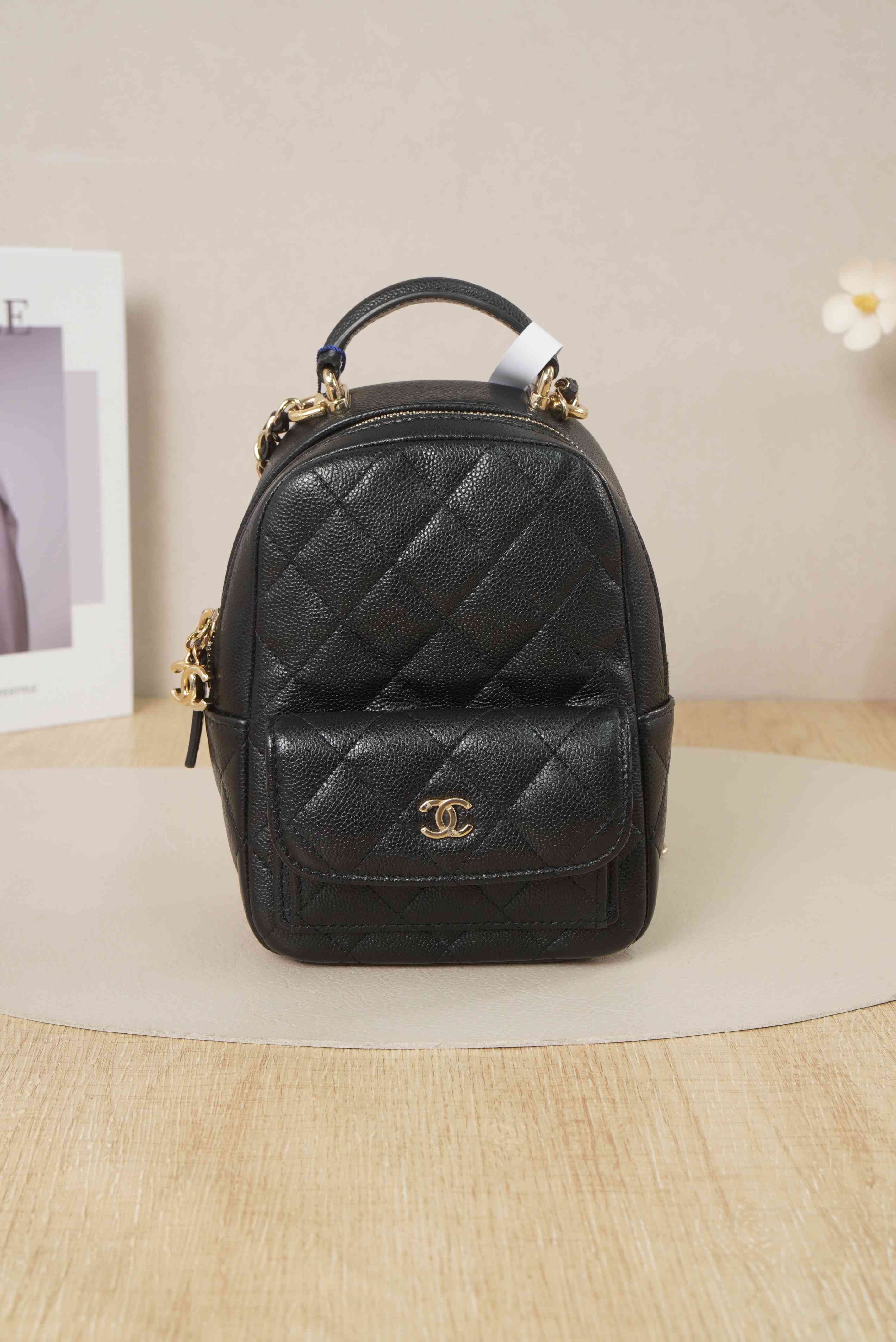 Chanel Backpackmini Black with Gold-Tone Hardware Grained Calfskin Microchip Edition · Box Dust Bag · 13 × 9 × 18 cm