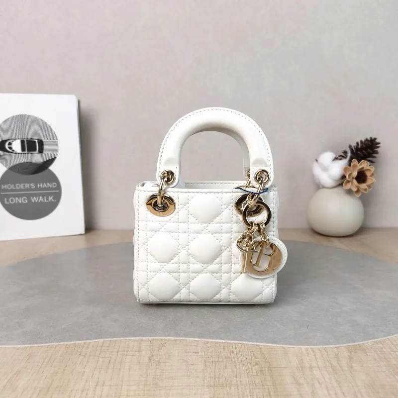 DIOR Crossbody Bag Lady Lady Dior Bag White Lambskin Mini 12 × 5 × 10 cm
