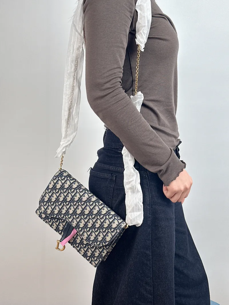 DIOR Crossbody Bag Saddle Chain Bagwoc Monogram Canvas Medium 22 × 5 × 14.5 cm — on-model view 1 of 2